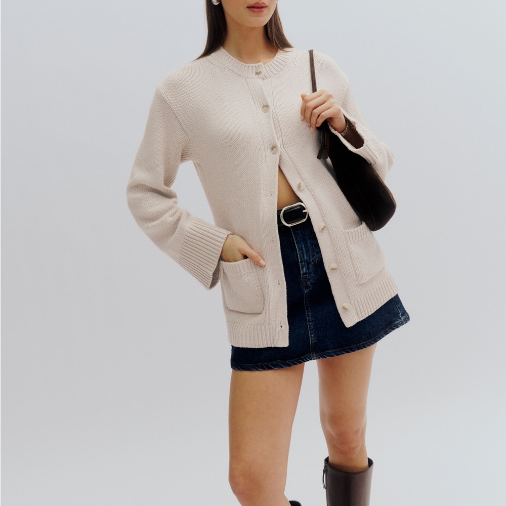 Reformation Light Cream Button-Front Knit Cardigan